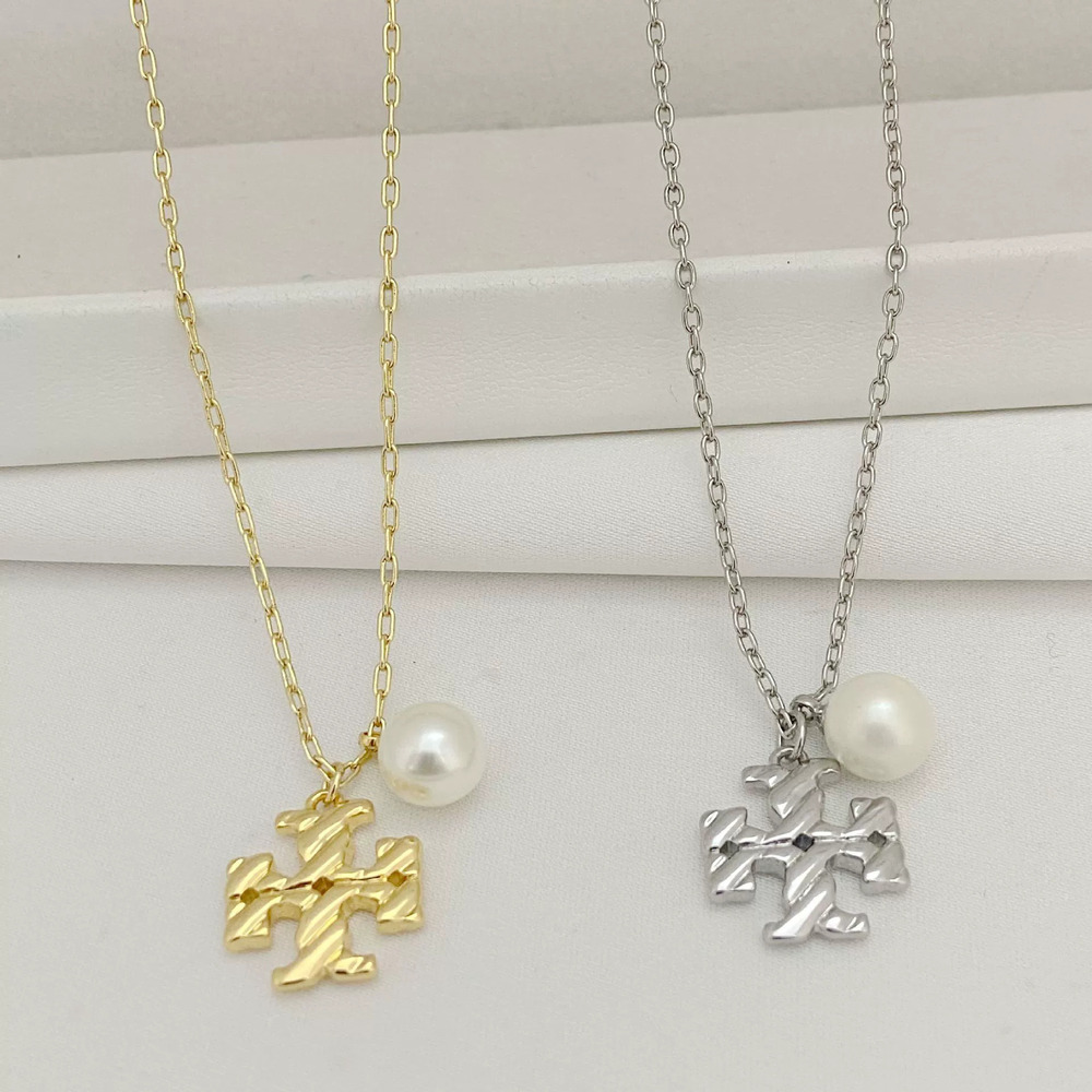 Tory Burch Pearl Inlaid Hollow Letter Metal Necklace